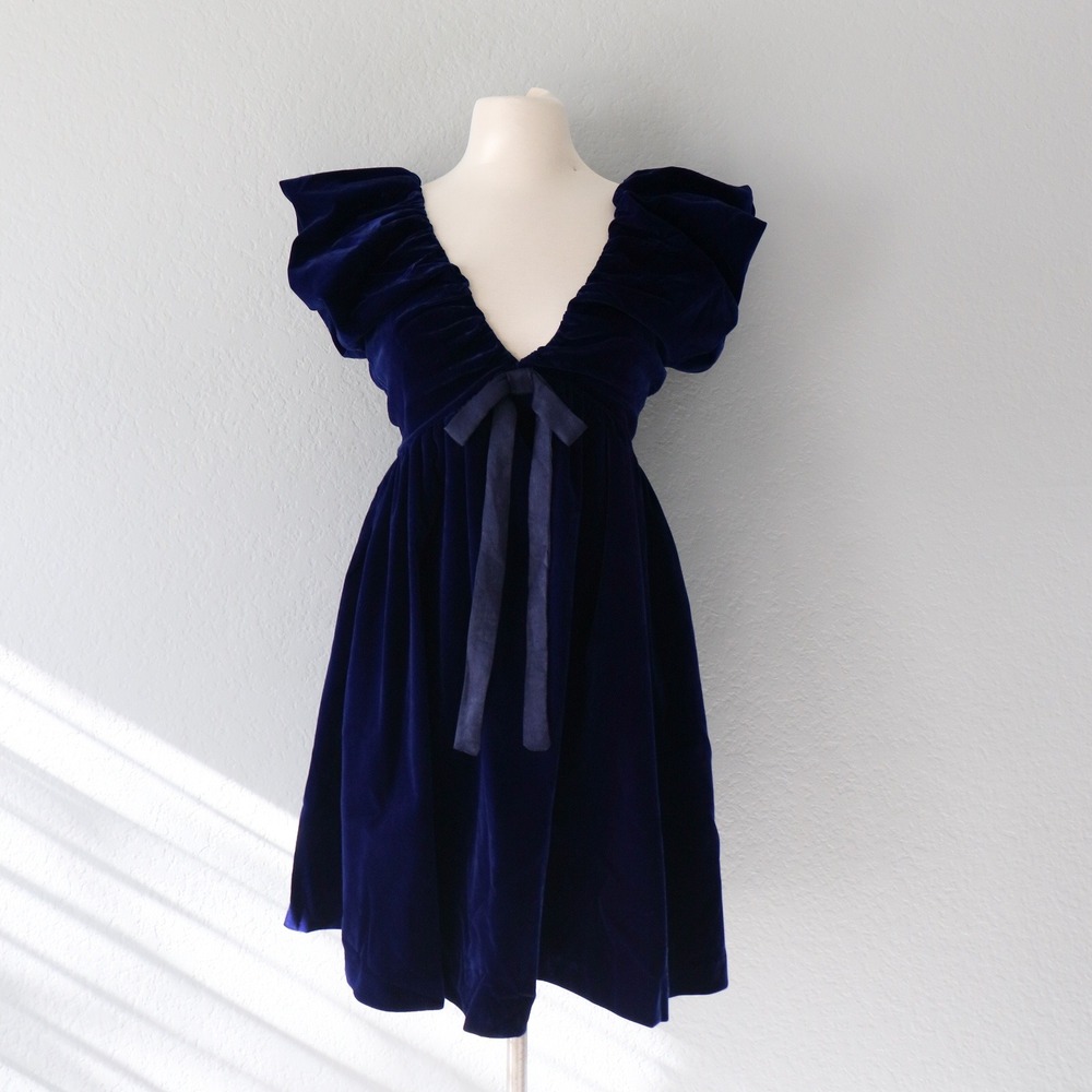 Endless Rose Women XS Navy Blue Velvet Ruffle V Neck Bow Mini Babydoll Dress